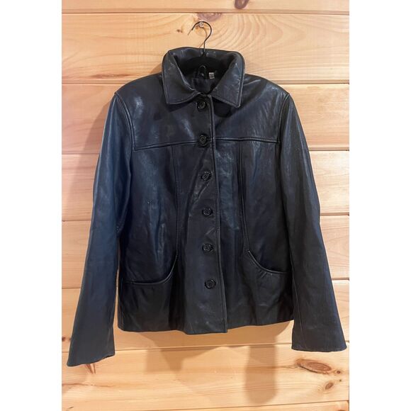 Women's Black Button Up Leather Jacket with Pockets - Picture 1 of 8